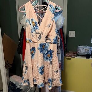 Peach Floral V-Neck Dress with Blue Flowers